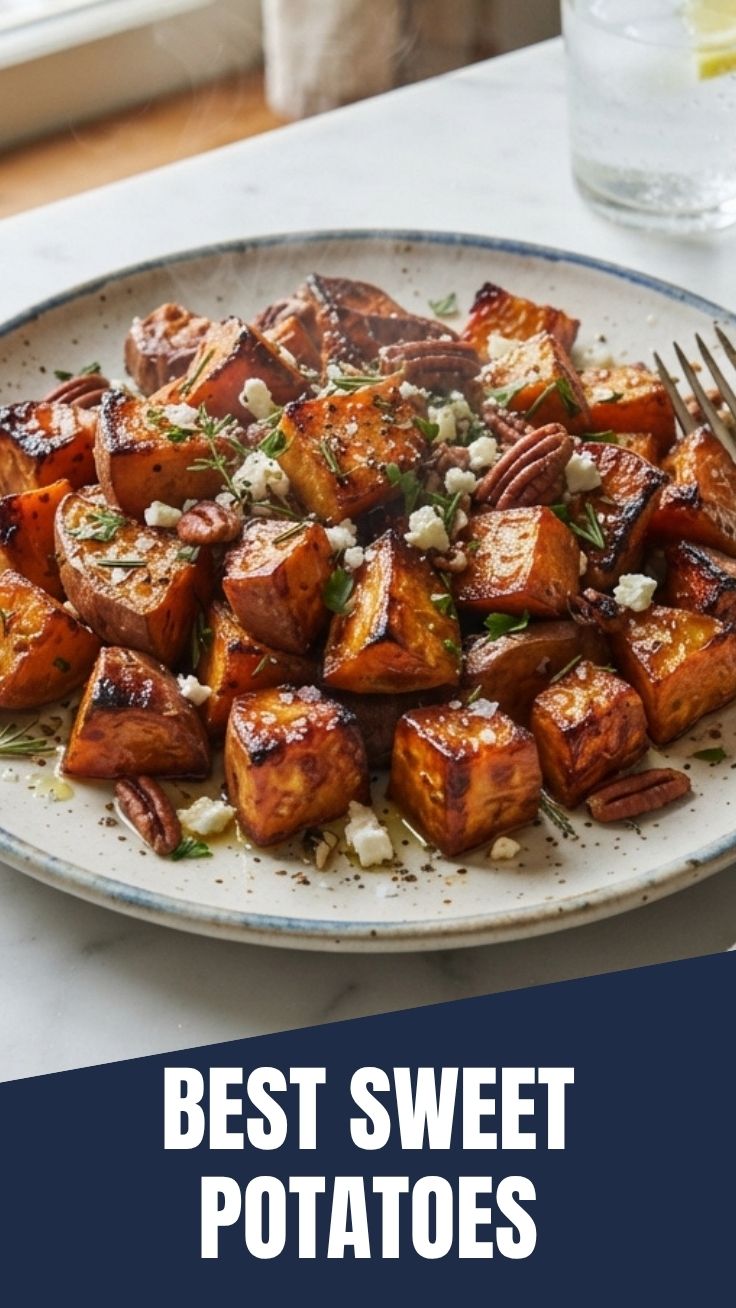 Golden roasted sweet potatoes on a baking sheet
