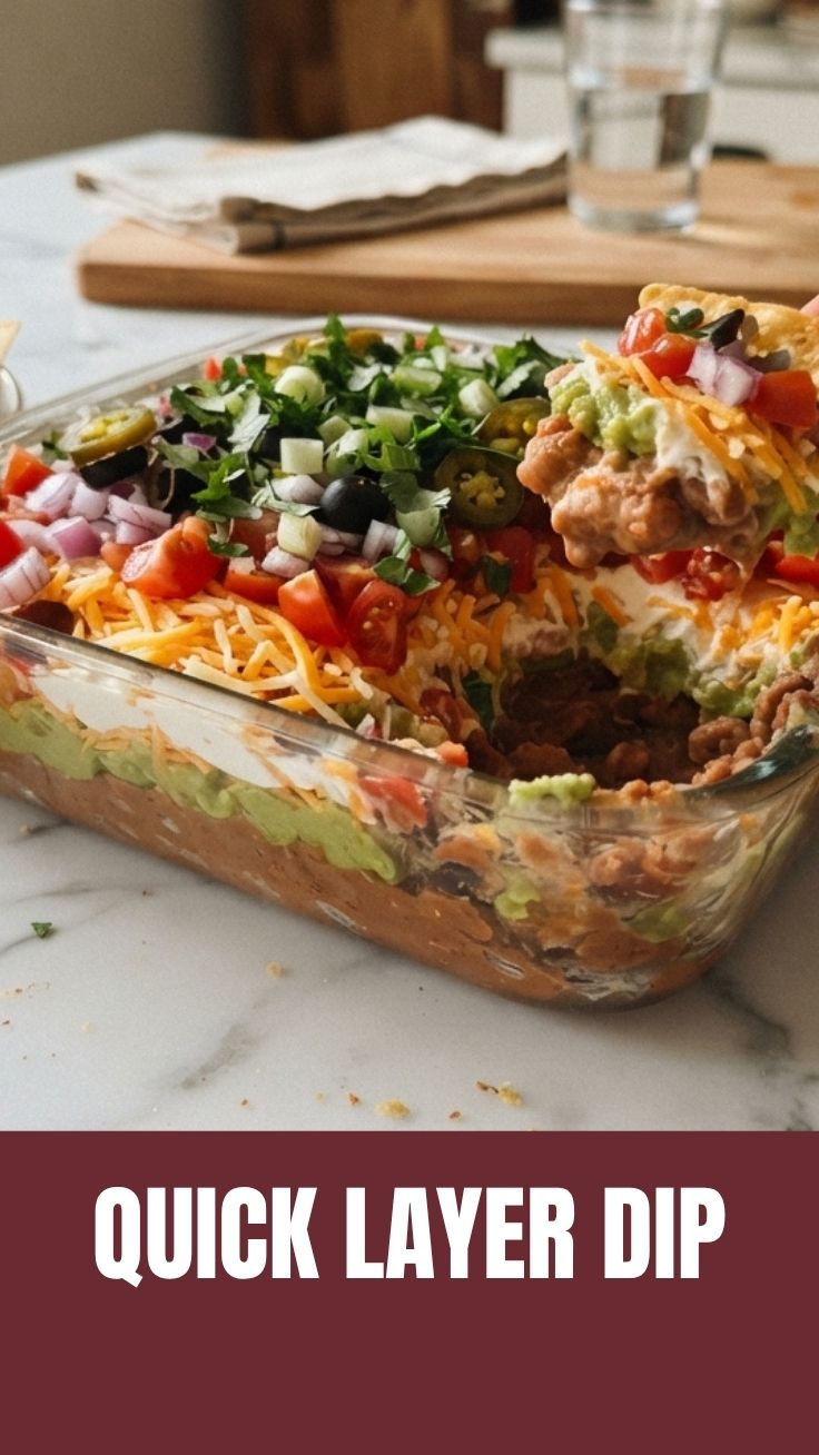 A clear glass dish showing the distinct layers of seven layer dip with beans, sour cream, guacamole, salsa, cheese, and olives.