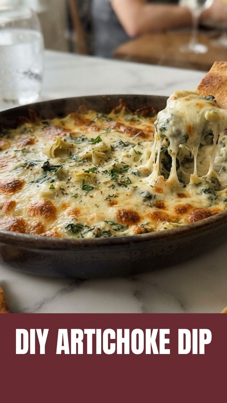 Baked spinach artichoke dip in a white ceramic dish with golden brown top