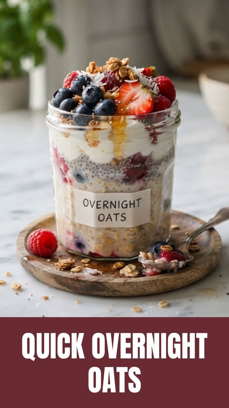 A glass jar filled with creamy overnight oats topped with fresh berries and chia seeds